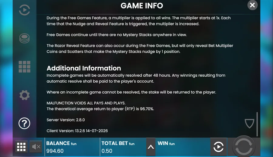 Game Info screen stating a theoretical RTP of 96.70%