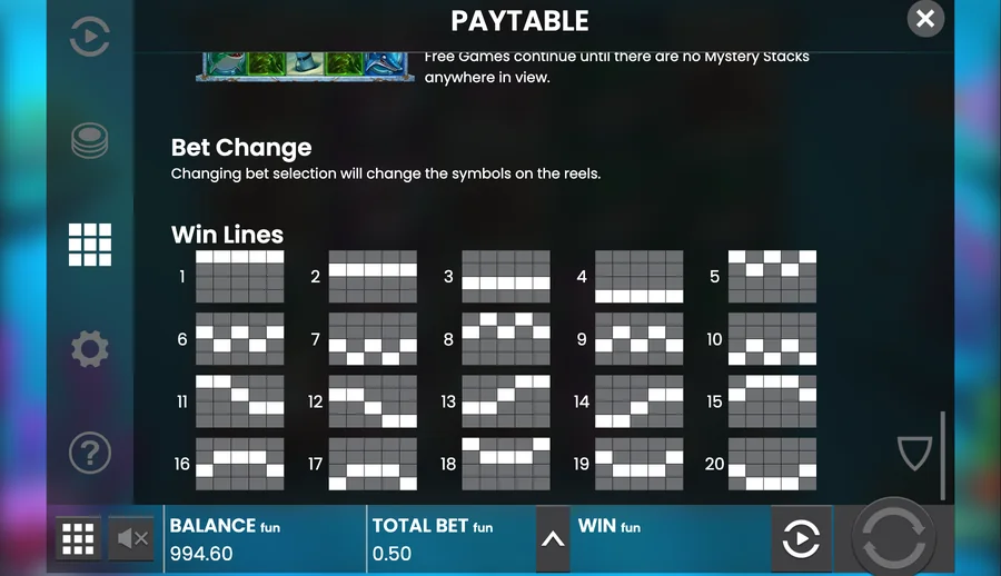 Paytable page showing the twenty win lines on the grid
