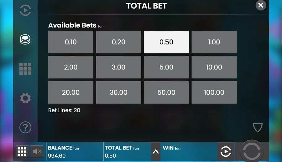 Twelve total-bet steps from 0.10 to 100.00 in the client